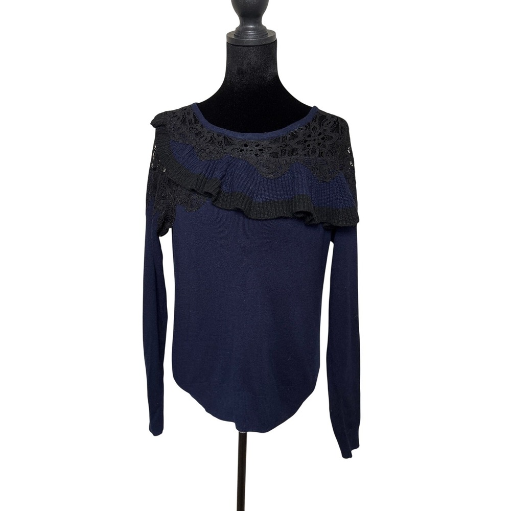 Anthropologie Knitted & Knotted Navy Blue Lace Ruffle Cashmere Blend Sweater M - Picture 2 of 7